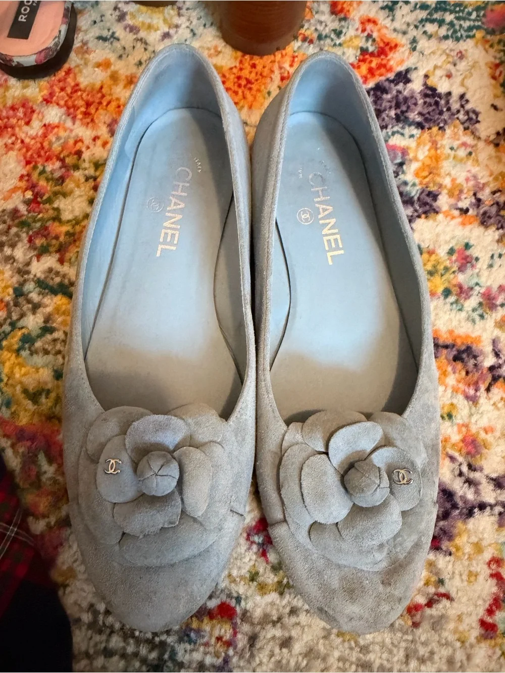 CHANEL Blue Suede Camellia Flats